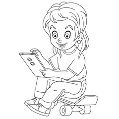 coloring page with girl browsing tablet