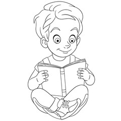 coloring page with boy reading a book