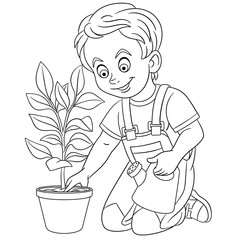 coloring page with boy planting tree © Sybirko