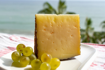 Spanish sheep cheese served with white grapes outside with sea view