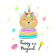 Fototapeta premium Magic Cute Unicorn Brown Bear with Flower Horn and 