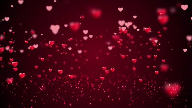 Valentine's day abstract background, flying hearts and particles on red. holiday video footage
