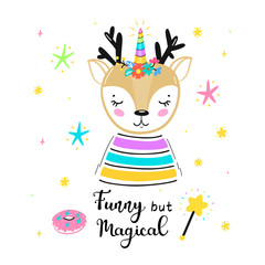 Fototapeta premium Magic Cute Unicorn Deer with Flower Horn and 