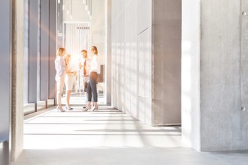 Business professionals planning while standing in corridor at office