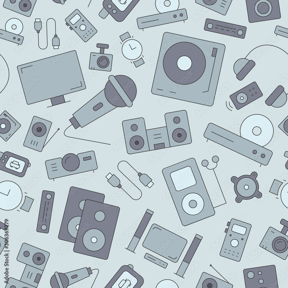 Poster digital video and audio equipment background - vector color seamless pattern of media technology and