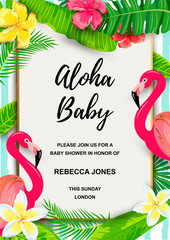 Pink flamingo with jungle leaves, flowers, tropical party invitation. Place for text. Great for flyer, baby shower invitation, wedding, poster. © Natalia