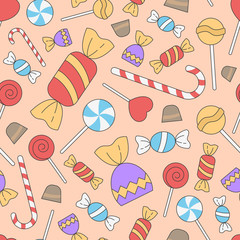 Sweet candy background - Vector color seamless pattern of lollipop, caramel, chocolate and sugar for graphic design