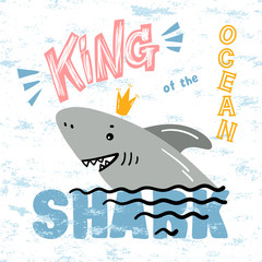 T-shirt Print Design for Kids with Cute Smiling King Shark. Cartoon Doodle Funny Shark Face Vector Card. Scandinavian Nursery Print or Poster Design