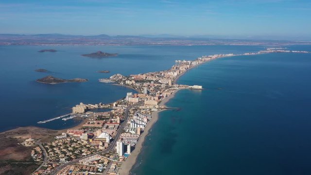 La Manga del Mar Menor aerial large view Spain resort mediterranean sea region of Murcia sand bar tourism