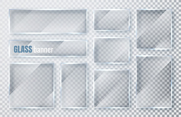 Glass plates set. Glass banners on transparent background. Flat glass clear window. Vector illustration
