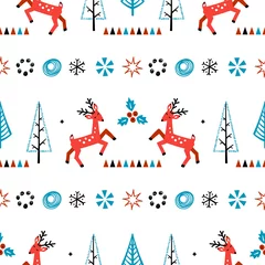 Gardinen Cartoon süßes Rentier und Winterwald abstrakter Vektorhintergrund. Weihnachtsnahtloses Muster mit Gekritzelhirschen und Weihnachtsbäumen. Feiertags-Tapete des neuen Jahres, Geschenkpapier © AllNikArt