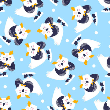 Seamless pattern with icons of cute owl. Background and cute characters hand drawn style for new year print. Funny animal takes pictures.
