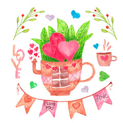 set of hand-drawn Valentines icons with watercolor on a white background, cup with plants and hearts, flowers, the word love