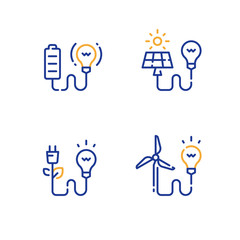 Fototapeta premium Alternative energy concept, green electrical technology, solar panel, wind turbine, battery and light-bulb