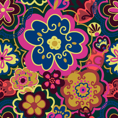 Modern seamless vector with flower decorative in jewel-tone. Can be used for printing on paper, stickers, badges, bijouterie, cards, textiles. 