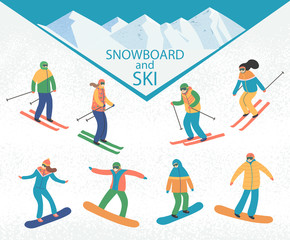 Fototapeta na wymiar Men and women skiing and snowboarding.Winter sport activity. Vector cartoon flat style.