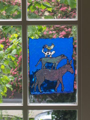 Bremen Town Musicians designed on the window glass, Bremen, Germany