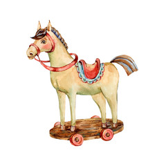 Watercolor vintage Christmas toys - wooden horse isolated on white background © depiano
