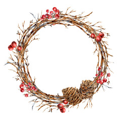 Watercolor Christmas natural wreath of tree branches, red berries, pine cones, vintajge botanical round frame for greeting card isolated