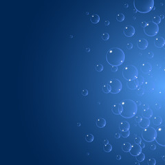 Soap bubbles background, vector illustration. Set of clean water, soap, gas or air bubbles with reflection on blue gradient background. Realistic underwater.