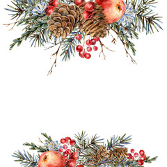 Watercolor Christmas natural template of fir branches, red apple, berries, pine cones, vintage botanical greeting card