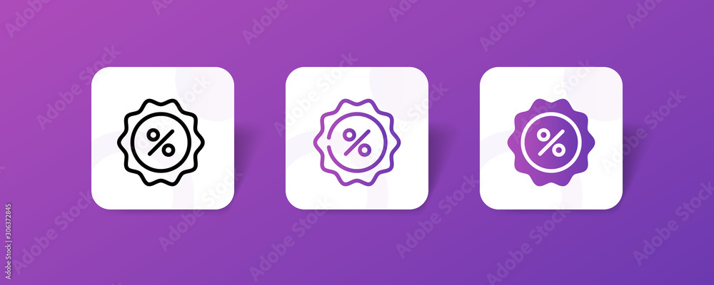 Poster badge with percentage sign icon in outline and solid style with colorful smooth gradient background,