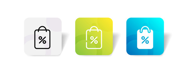 shopping bag with percentage sign icon in outline and solid style with colorful smooth gradient background, suitable for UI, app button, infographic, etc