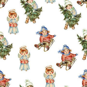 Watercolor winter vintage Christmas kids seamless pattern, Cute characters texture on white background