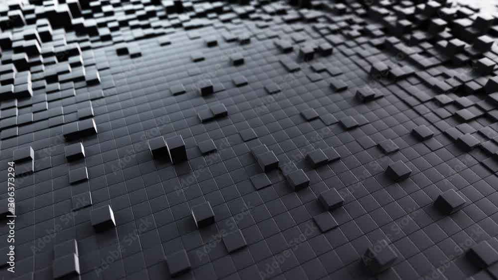Poster abstract wave background with a black moving cubic surface. geometric concept with random boxes or c