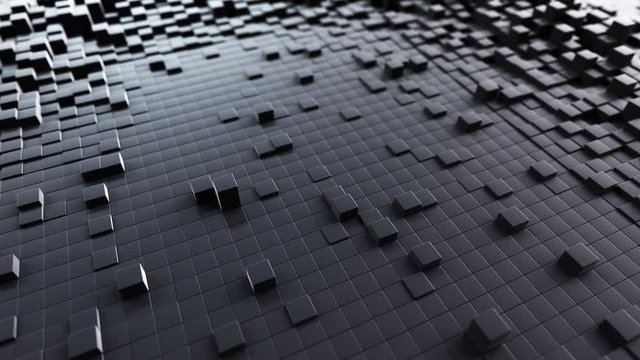 Abstract wave background with a black moving cubic surface. Geometric concept with random boxes or columns. Motion design template. Seamless loop 4k 3d render. Technology composition. Radial ripple.