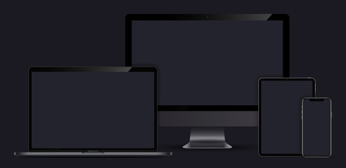 Devices dark color  screen mockup. Smartphone, tablet, laptop and monoblock monitor, with blank dark screen. Vector EPS10