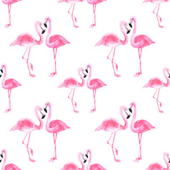 Watercolor pink flamingo pattern on an isolated white background, watercolor drawing. Stock illustration.