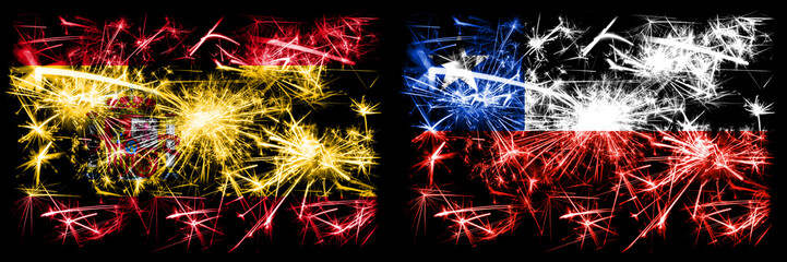 Spanish vs Chile, Chilean New Year celebration sparkling fireworks flags concept background. Combination of two abstract states flags.