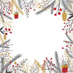 Fototapeta na wymiar Vector festive Merry Christmas and Happy New Year template or frame with hand drawn season doodle decoration elements. Xmas tree, symbols, red berries on white background with copy space.
