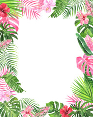 Fototapeta na wymiar Watercolor frame with tropical leaves, hibiscus, palm, banana, monstera on an isolated background, greeting postcard, invitation. stock illustration.