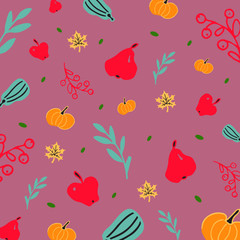 Doodle pink background with pears, apples, pumpkins, zucchini, berries and leaves.
