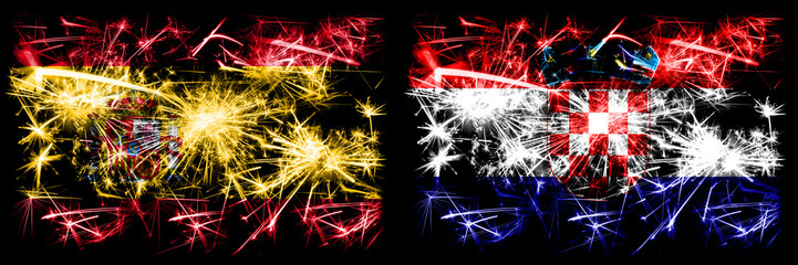 Spanish vs Croatia, Croatian New Year celebration sparkling fireworks flags concept background. Combination of two abstract states flags.