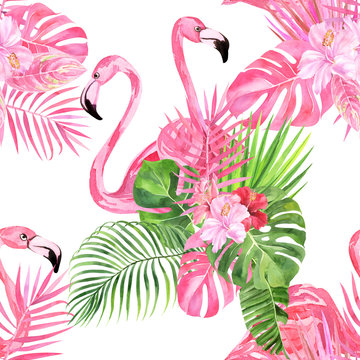 Jungle isolated seamless pattern with tropical leaves, palm monster banana, flamingo on an isolated white background. Fabric wallpaper print texture. Stock illustration.