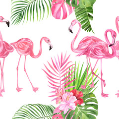 Jungle isolated seamless pattern with tropical leaves, palm monster banana, flamingo on an isolated white background. Fabric wallpaper print texture. Stock illustration.