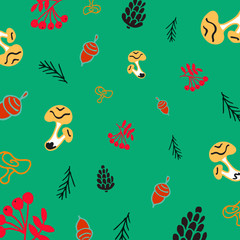 Doodle green background with mushrooms, with cones, with rowanberry, with acorns and spruce branches.