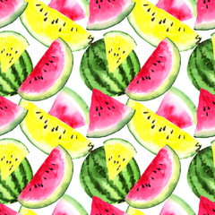 Seamless pattern with pink, yellow watermelon on an isolated white background, watercolor jungle drawing. Stock illustration.