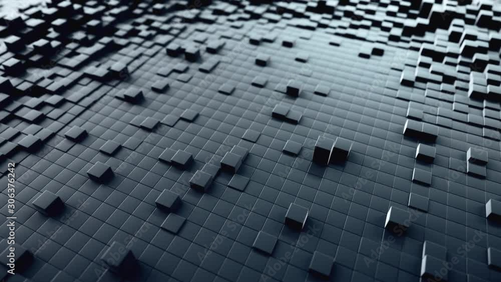 Poster abstract wave background with a black moving cubic surface. geometric concept with random boxes or c