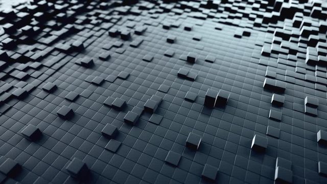 Abstract wave background with a black moving cubic surface. Geometric concept with random boxes or columns. Motion design template. Seamless loop 4k 3d render. Technology composition. Radial ripple.