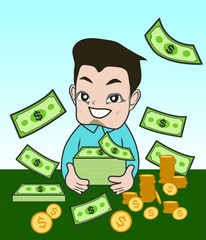 Boy saving money, happy smiling boy holding plenty money