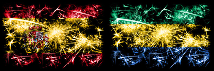 Spanish vs Gabon, Gabonese New Year celebration sparkling fireworks flags concept background....
