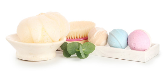 Set of accessories for bath and personal hygiene on white background