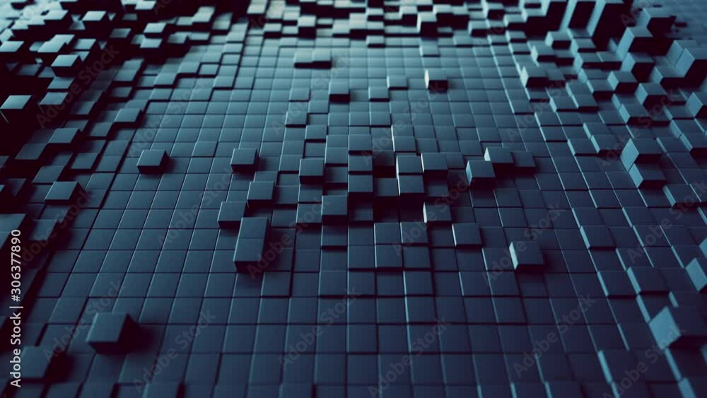 Poster abstract wave background with a black moving cubic surface. geometric concept with random boxes or c