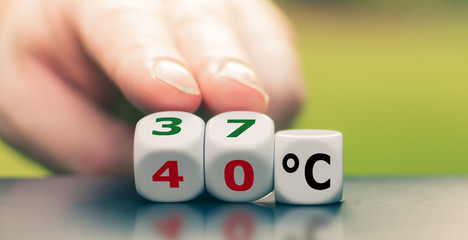 Concept for getting better and stopping fever.Hand turns dice and changes the temperature of 40 °C...
