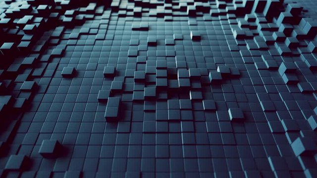 Abstract wave background with a black moving cubic surface. Geometric concept with random boxes or columns. Motion design template. Seamless loop 4k 3d render. Technology composition. Radial ripple.