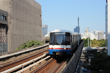 The Sky train is approaching the platform in Bangkok, Thailand